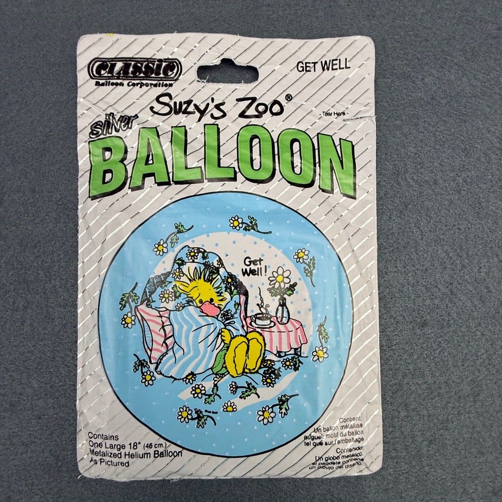 Suzy's Zoo Get Well 18" Mylar Balloon Suzy Ducken Vintage 90's Silver Metalized